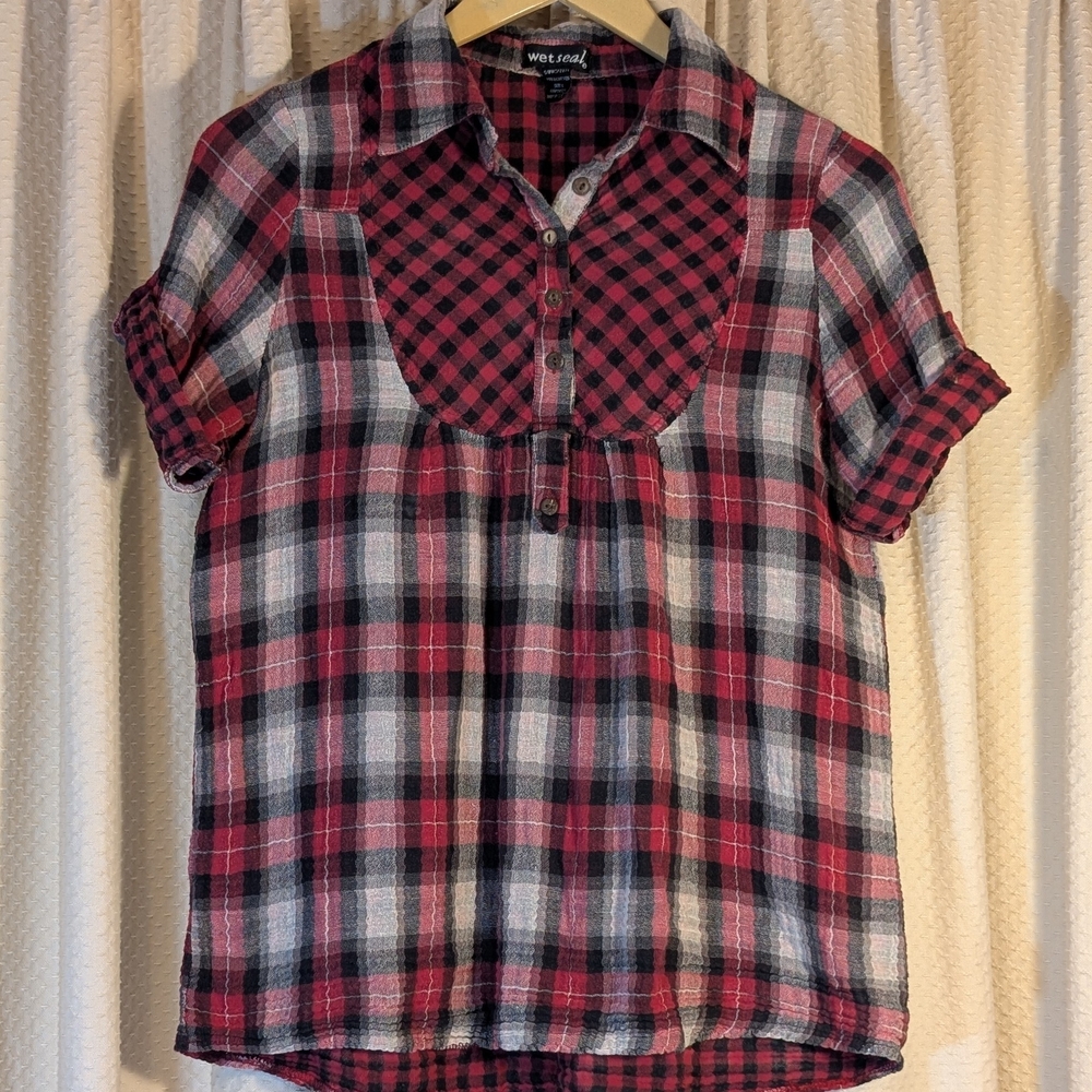 Vtg Wet Seal Y2K Plaid Double Gauze Bib Top Red Grunge Fairycore Whimsigoth L